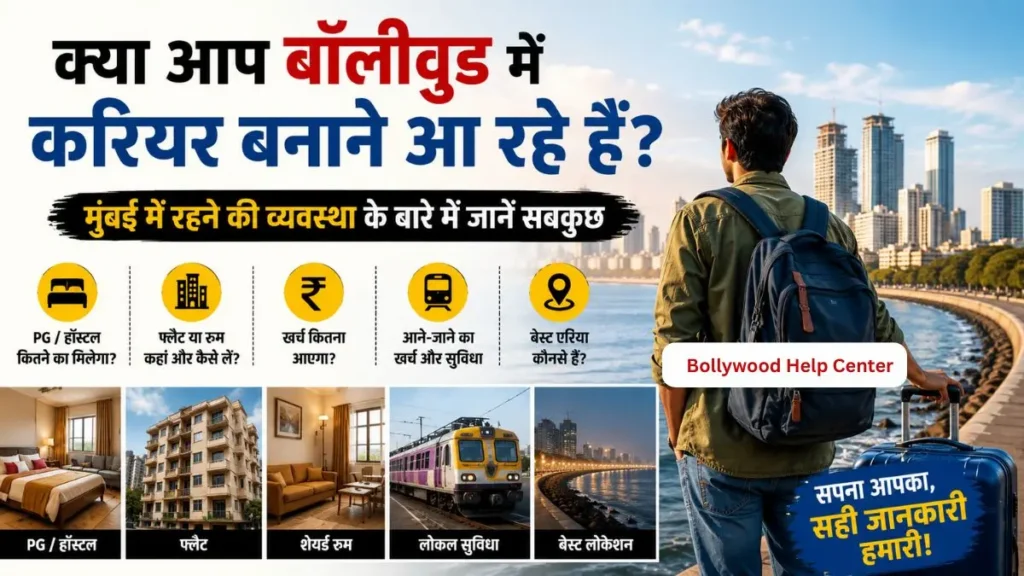 बॉलीवुड में रहने की व्यवस्था को दर्शाती इन्फोग्राफिक इमेज, जिसमें मुंबई का समुद्री तट, शहर की स्काईलाइन, एक युवा कलाकार, PG, हॉस्टल, किराये के कमरे, लोकल ट्रेन और बॉलीवुड में करियर बनाने वालों के लिए आवास संबंधी जानकारी दिखाई गई है