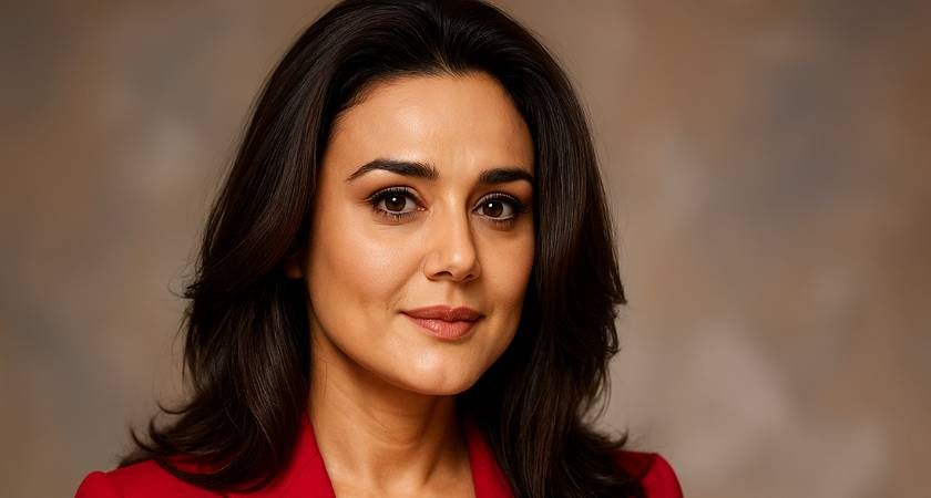 Portrait of Bollywood actress Preity Zinta smiling confidently in a red blazer, set against a soft neutral background.