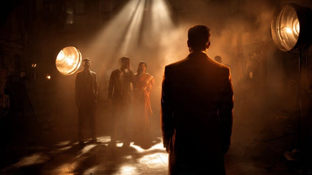 Bollywood industry reality showing a struggling actor under studio lights with powerful film personalities in background