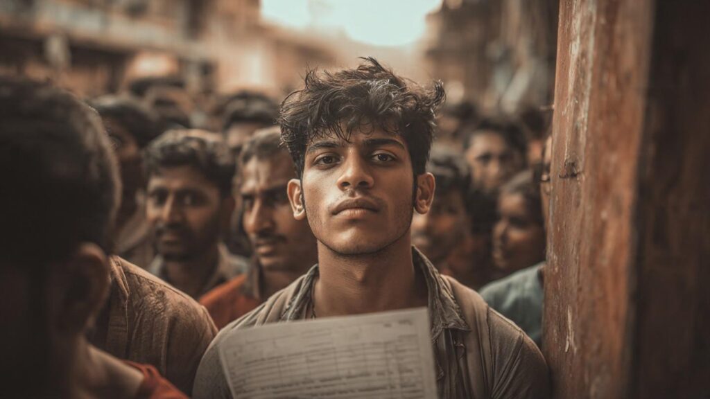Young struggling outsider actor standing outside a Mumbai film studio for audition.