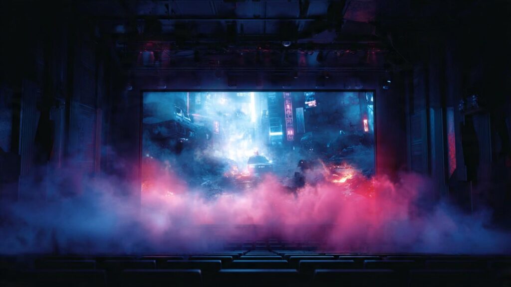 OTT streaming screen showing explosive action scenes from top-10-action-movies-on-ott with cinematic lighting and digital effects
