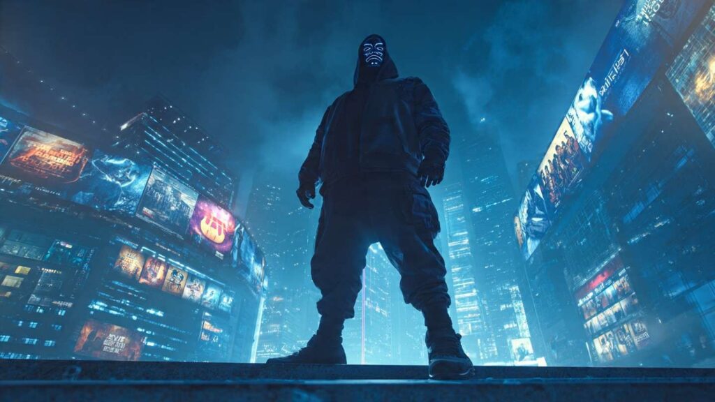 Cinematic futuristic action hero representing top-10-action-movies-on-ott list with OTT platform background and neon city lights