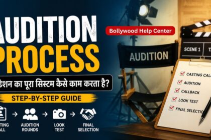 Audition Process step-by-step guide showing casting call, audition rounds, look test and final selection in a professional film casting setup