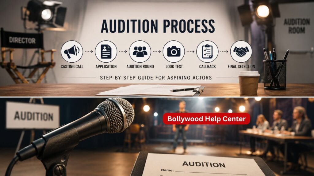 Audition Process infographic explaining casting call, application, audition round, callback and final selection for aspiring actors