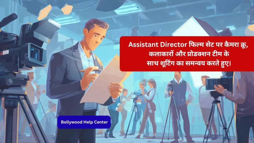 Assistant Director फिल्म सेट पर शूटिंग शेड्यूल, कैमरा टीम और कलाकारों के बीच समन्वय करते हुए।