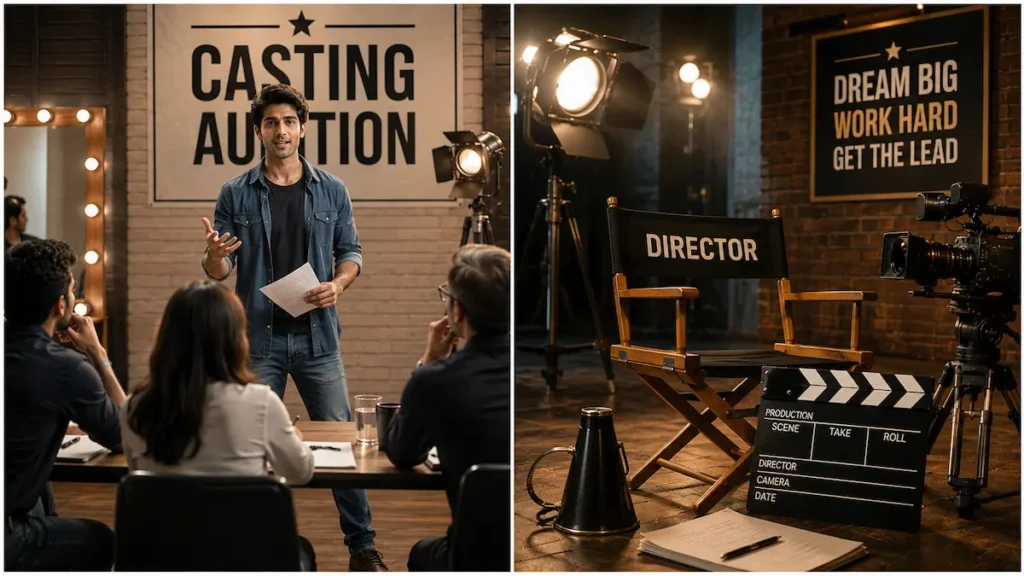 How to Get Lead Role in Bollywood – aspiring actor giving an audition in front of casting directors during a Bollywood casting session