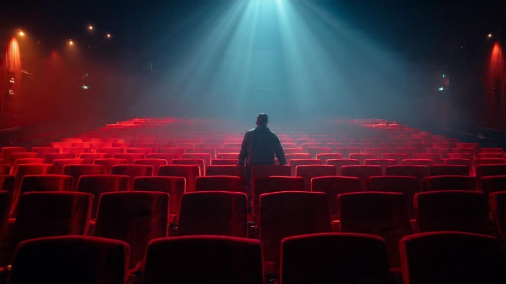 Film exhibitor business concept showing a modern multiplex cinema hall with audience entering for movie screening