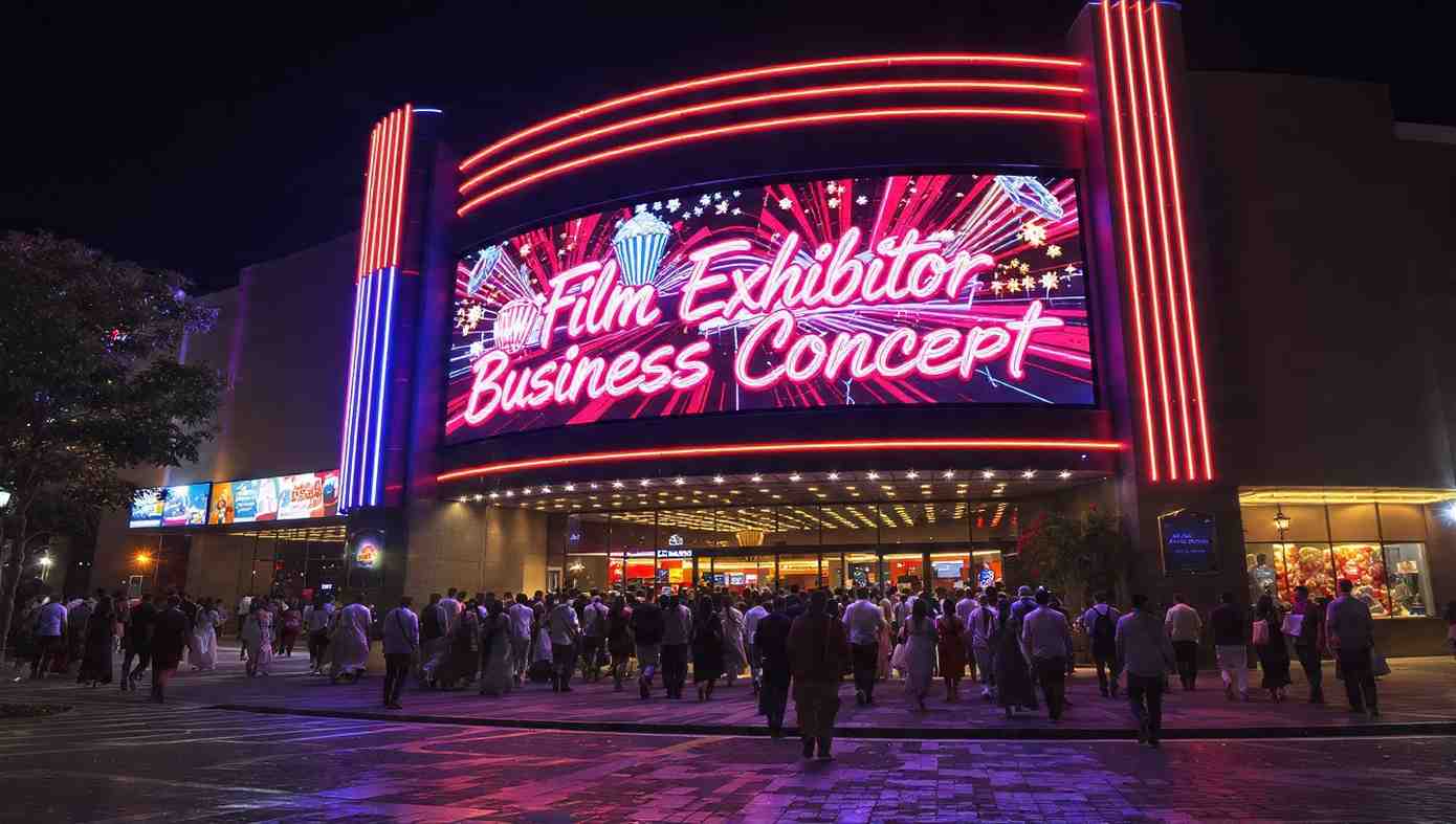 Film exhibitor business concept showing a modern multiplex cinema hall with audience entering for movie screening