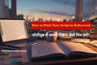 Professional screenwriter working on a movie script at a creative workspace, illustrating how to pitch your script in Bollywood.