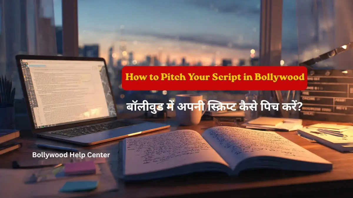 Professional screenwriter working on a movie script at a creative workspace, illustrating how to pitch your script in Bollywood.