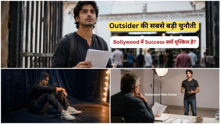 Outsider की सबसे बड़ी चुनौती को दर्शाता एक युवा अभिनेता ऑडिशन के लिए संघर्ष करते हुए, बॉलीवुड करियर और सफलता की चुनौतियों का प्रतीक।