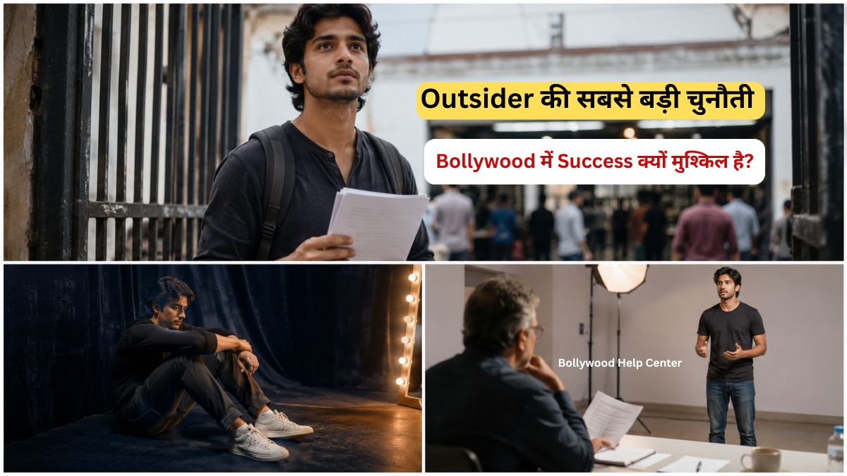 Outsider की सबसे बड़ी चुनौती को दर्शाता एक युवा अभिनेता ऑडिशन के लिए संघर्ष करते हुए, बॉलीवुड करियर और सफलता की चुनौतियों का प्रतीक।