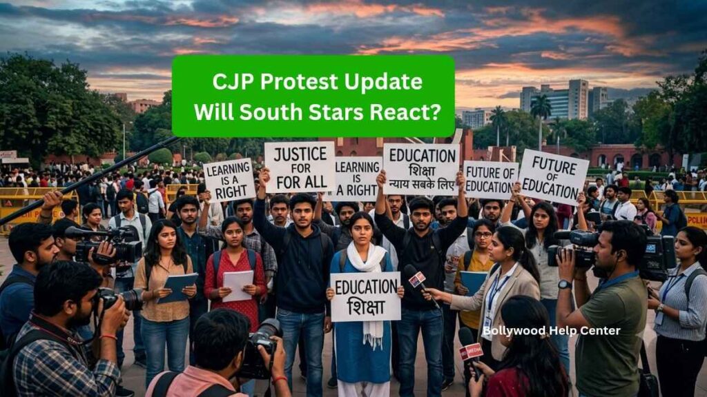 South Stars Reaction on CJP Protest with a large peaceful protest, media coverage and symbolic celebrity silhouettes.