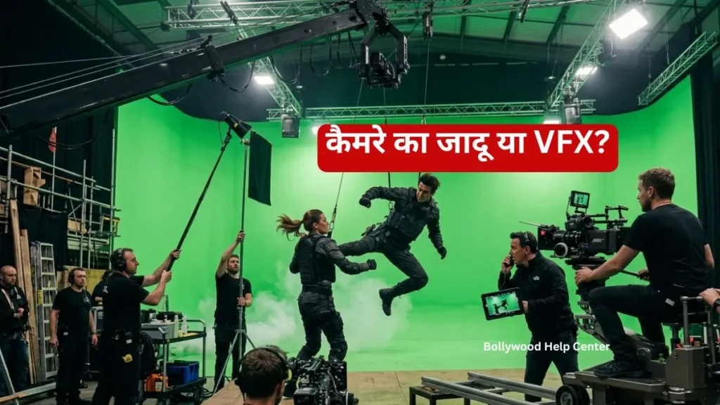 Film crew shooting an action scene with VFX setup