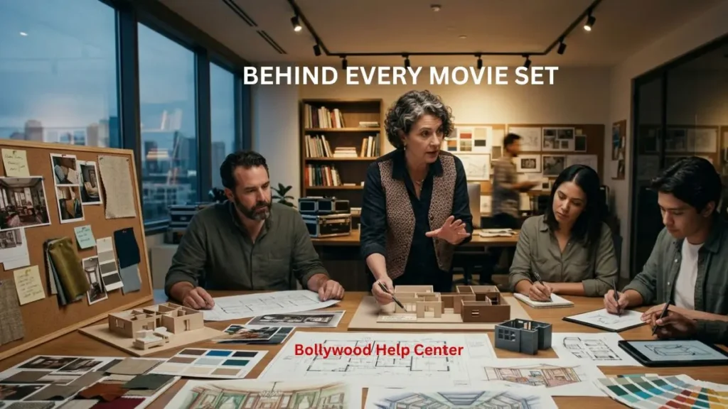 Art Director planning a movie set with design sketches and production team.