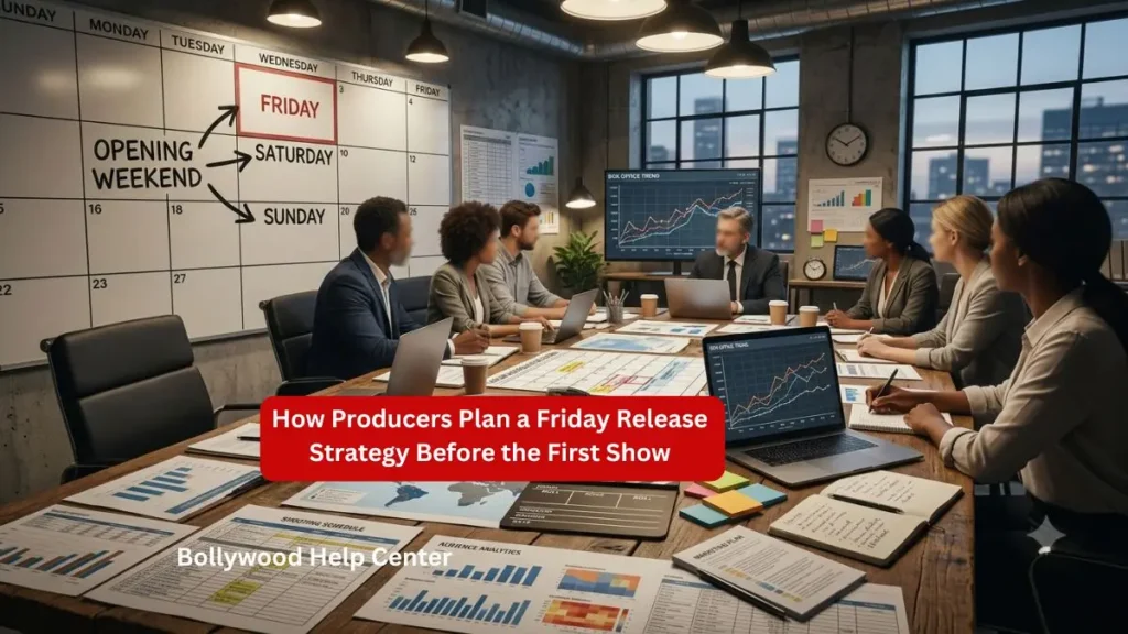 Bollywood producers planning a Friday movie release strategy with calendar, budget, and box office analysis.