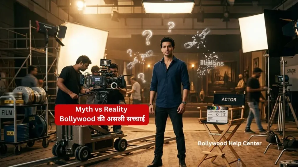 Bollywood के 10 सबसे बड़े Myths और उनकी Reality को दिखाती ऑडिशन रूम और फिल्म सेट की इमेज।