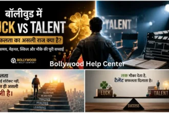 Bollywood Luck vs Talent – aspiring actor with symbols of luck and talent in a cinematic film studio.