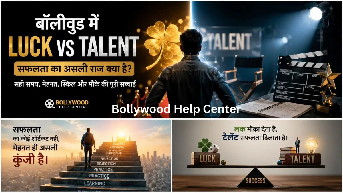 Bollywood Luck vs Talent – aspiring actor with symbols of luck and talent in a cinematic film studio.