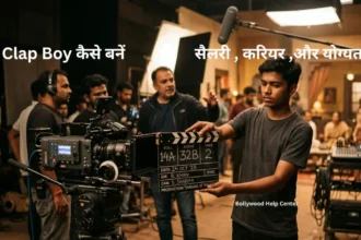 Clap Boy in Bollywood holding a clapperboard on a professional film set during movie shooting.