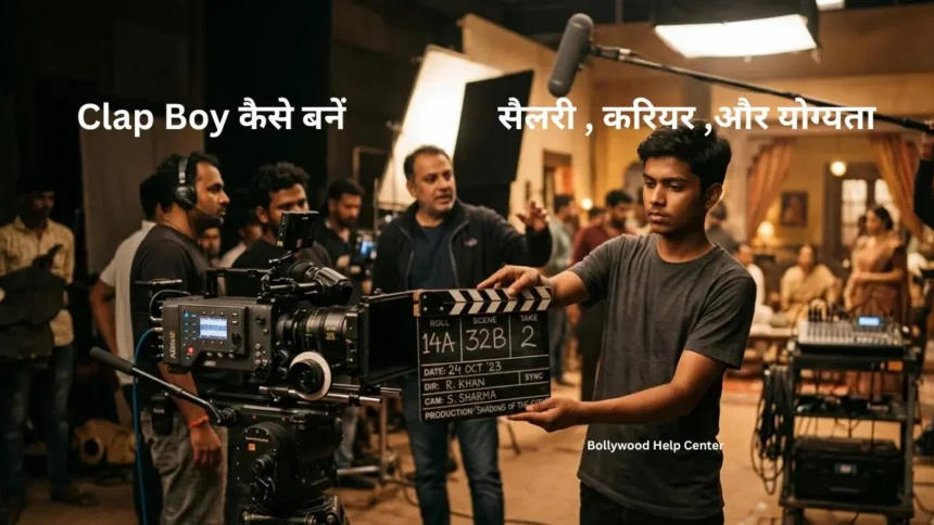 Clap Boy in Bollywood holding a clapperboard on a professional film set during movie shooting.