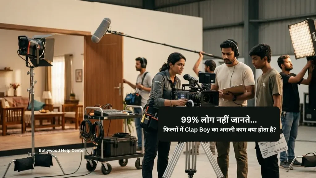 Clap Boy in Bollywood preparing a clapperboard before a movie scene on a professional film set.