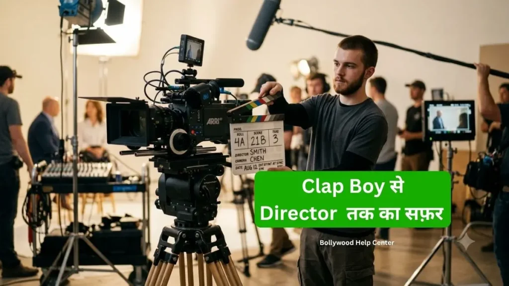 Clap Boy in Bollywood standing with the assistant director and film crew during a movie shoot.