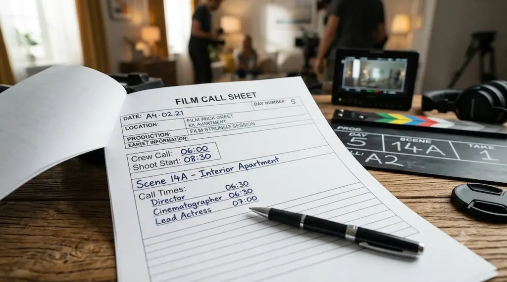 Production team discussing Film Call Sheet before the shooting starts
