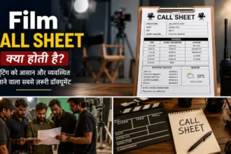 Film Call Sheet in film production showing a shooting schedule, clipboard and filmmaking equipment