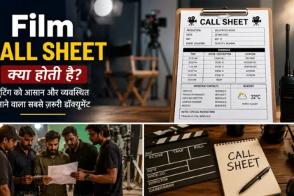 Film Call Sheet in film production showing a shooting schedule, clipboard and filmmaking equipment