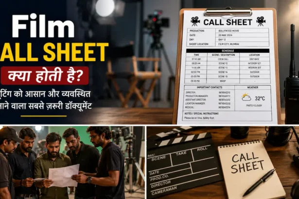 Film Call Sheet in film production showing a shooting schedule, clipboard and filmmaking equipment