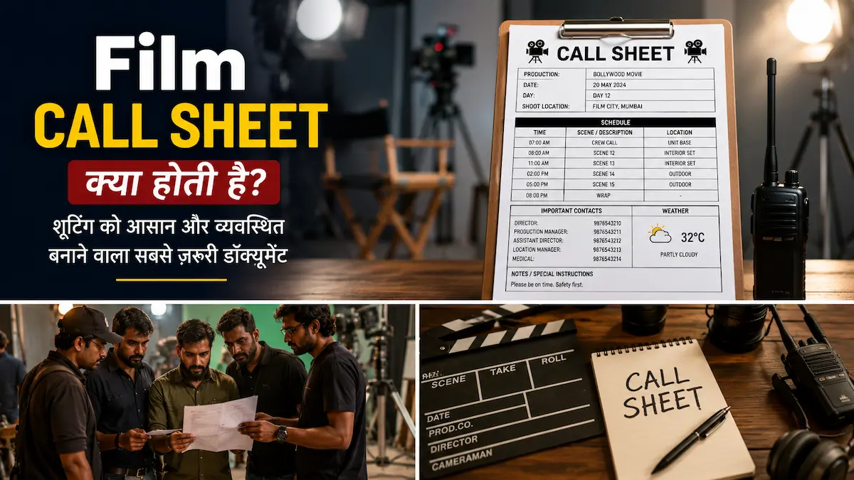 Film Call Sheet in film production showing a shooting schedule, clipboard and filmmaking equipment
