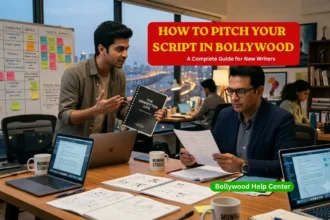 Screenwriter pitching a movie script to a film producer in a professional Bollywood office.