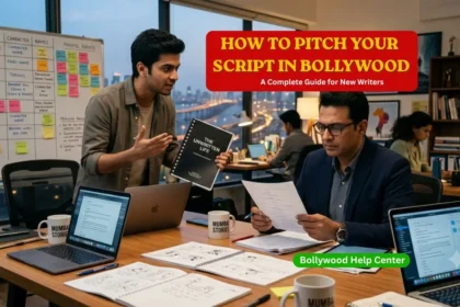 Screenwriter pitching a movie script to a film producer in a professional Bollywood office.