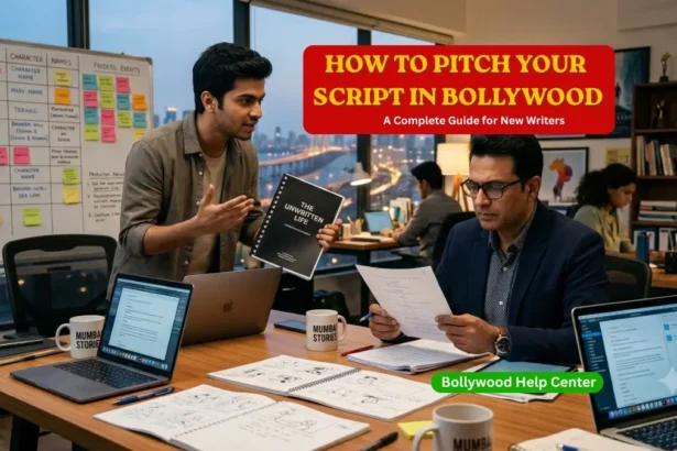 Screenwriter pitching a movie script to a film producer in a professional Bollywood office.