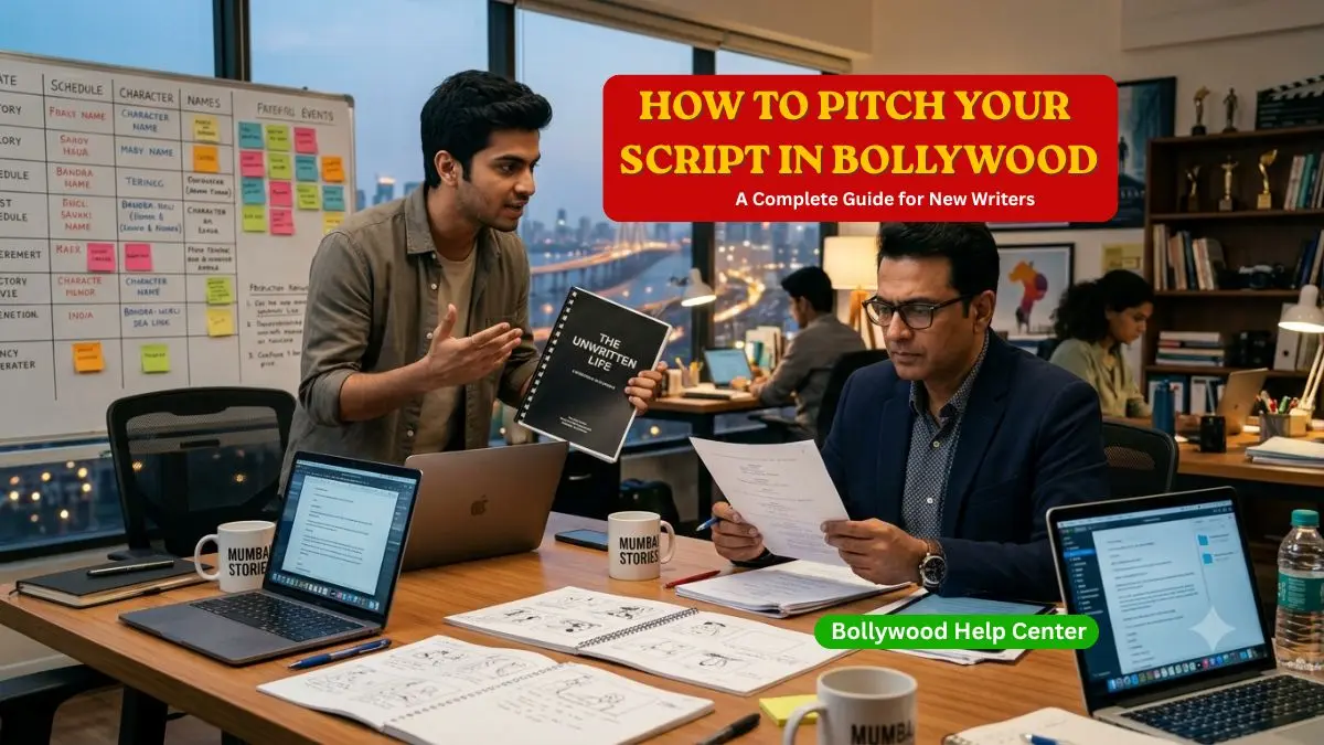 Screenwriter pitching a movie script to a film producer in a professional Bollywood office.