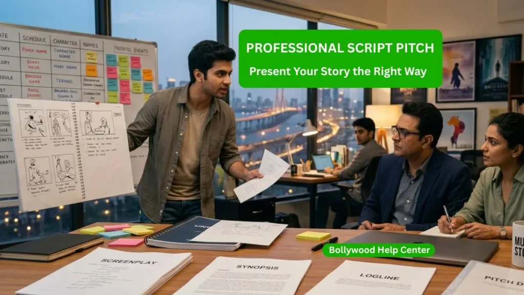 Professional script pitch meeting between a writer and film producer
