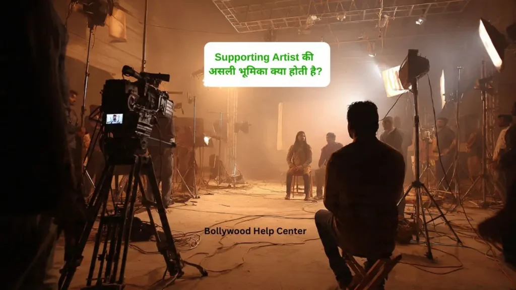 Supporting artist performing during a Bollywood film shoot with director and camera crew