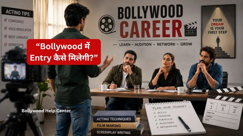 Bollywood Career guide showing an actor auditioning for a film industry panel